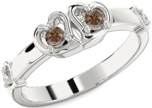 Chocolate Brown Diamond Silver Heart Two Stone Ring