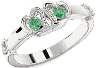 Diamond Emerald Platinum Heart Two Stone Birthstone Ring