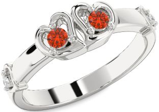 Diamond Fire Opal Silver Heart Two Stone Ring