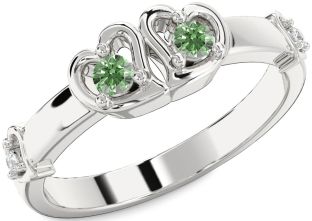 Green Diamond Silver Heart Two Stone Ring