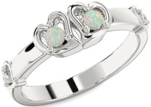 Diamond Emerald Silver Heart Two Stone Birthstone Ring