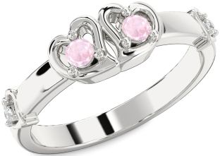 Diamond Rose Quartz Silver Heart Two Stone Ring