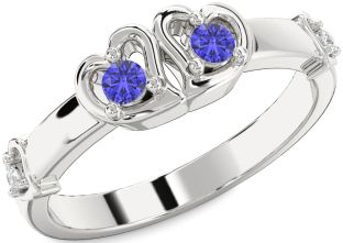 Diamond Tanzanite Silver Heart Two Stone Ring