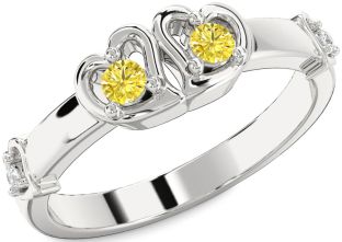 Yellow Diamond Silver Heart Two Stone Ring