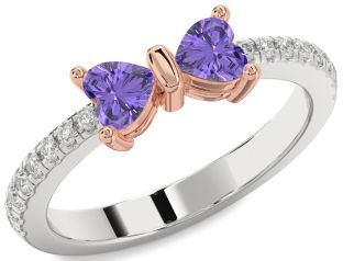 Diamond Emerald Platinum & Rose Gold Bow Two Heart Birthstone Ring