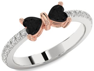 Diamond Emerald Platinum & Rose Gold Bow Two Heart Birthstone Ring