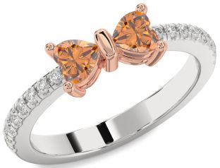 Diamond Emerald Platinum & Rose Gold Bow Two Heart Birthstone Ring