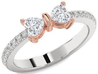 Diamond Silver & 10K Rose Gold Two Heart Ring