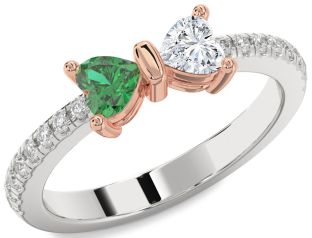 Diamond Emerald Platinum & Rose Gold Bow Two Heart Birthstone Ring