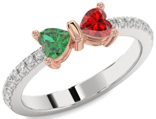Diamond Emerald Platinum & Rose Gold Bow Two Heart Birthstone Ring