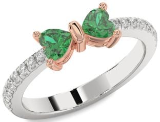 Diamond Emerald Platinum & Rose Gold Bow Two Heart Birthstone Ring