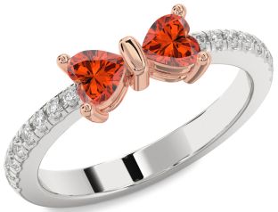 Diamond Emerald Platinum & Rose Gold Bow Two Heart Birthstone Ring