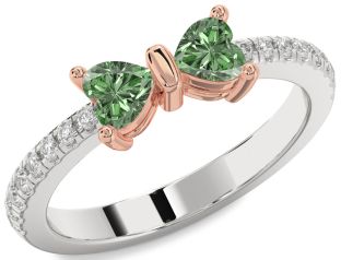 Diamond Emerald Platinum & Rose Gold Bow Two Heart Birthstone Ring