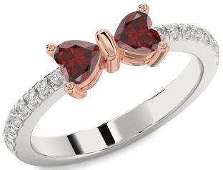 Diamond Emerald Platinum & Rose Gold Bow Two Heart Birthstone Ring