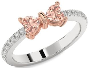 Diamond Emerald Platinum & Rose Gold Bow Two Heart Birthstone Ring