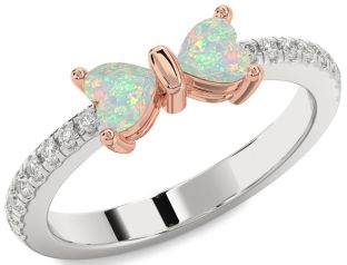 Diamond Emerald Platinum & Rose Gold Bow Two Heart Birthstone Ring