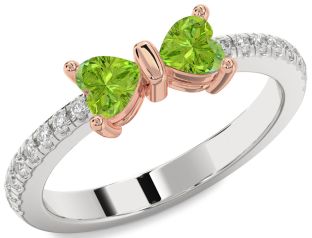 Diamond Emerald Platinum & Rose Gold Bow Two Heart Birthstone Ring