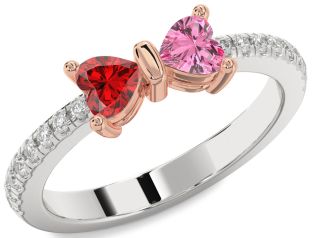 Diamond Emerald Platinum & Rose Gold Bow Two Heart Birthstone Ring