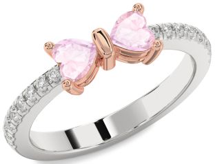 Diamond Emerald Platinum & Rose Gold Bow Two Heart Birthstone Ring