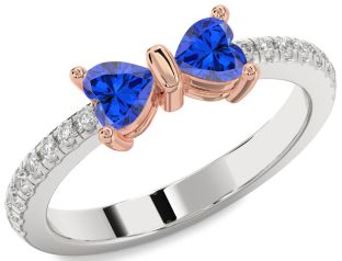 Diamond Emerald Platinum & Rose Gold Bow Two Heart Birthstone Ring