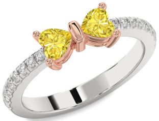 Diamond Emerald Platinum & Rose Gold Bow Two Heart Birthstone Ring