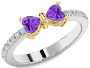 Diamond Emerald Platinum & Yellow Gold Bow Two Heart Birthstone Ring