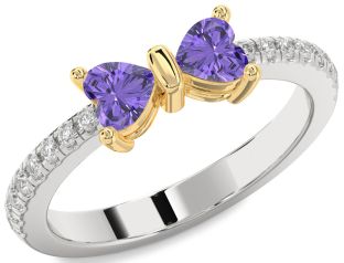 Diamond Emerald Platinum & Yellow Gold Bow Two Heart Birthstone Ring