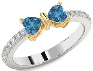 Diamond Emerald Platinum & Yellow Gold Bow Two Heart Birthstone Ring