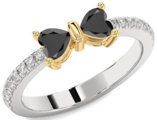 Diamond Emerald Platinum & Yellow Gold Bow Two Heart Birthstone Ring