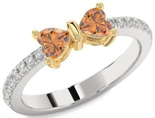 Diamond Emerald Platinum & Yellow Gold Bow Two Heart Birthstone Ring