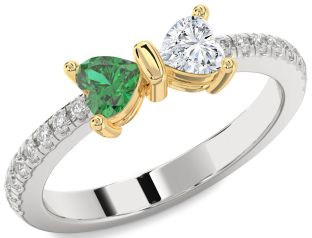 Diamond Emerald Platinum & Yellow Gold Bow Two Heart Birthstone Ring