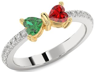 Diamond Emerald Platinum & Yellow Gold Bow Two Heart Birthstone Ring