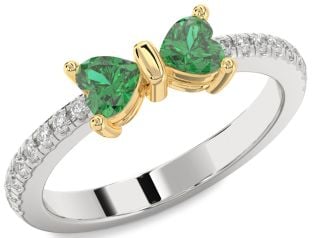 Diamond Emerald Platinum & Yellow Gold Bow Two Heart Birthstone Ring