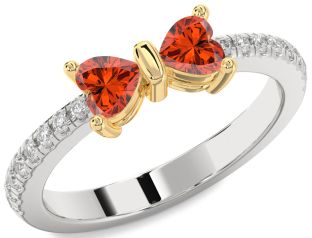 Diamond Emerald Platinum & Yellow Gold Bow Two Heart Birthstone Ring