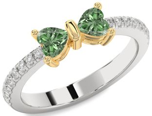 Diamond Emerald Platinum & Yellow Gold Bow Two Heart Birthstone Ring
