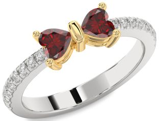 Diamond Emerald Platinum & Yellow Gold Bow Two Heart Birthstone Ring