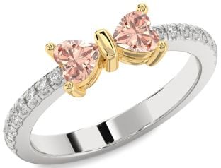 Diamond Emerald Platinum & Yellow Gold Bow Two Heart Birthstone Ring