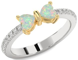 Diamond Emerald Platinum & Yellow Gold Bow Two Heart Birthstone Ring