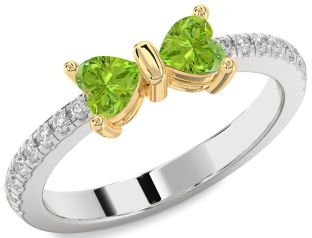 Diamond Emerald Platinum & Yellow Gold Bow Two Heart Birthstone Ring