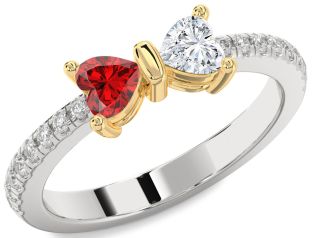 Diamond Emerald Platinum & Yellow Gold Bow Two Heart Birthstone Ring