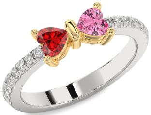 Diamond Emerald Platinum & Yellow Gold Bow Two Heart Birthstone Ring