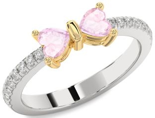 Diamond Emerald Platinum & Yellow Gold Bow Two Heart Birthstone Ring