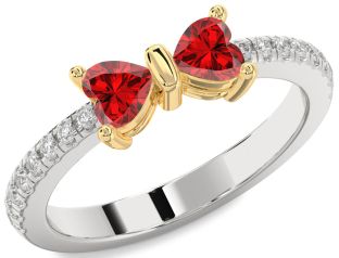 Diamond Emerald Platinum & Yellow Gold Bow Two Heart Birthstone Ring