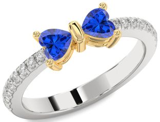 Diamond Emerald Platinum & Yellow Gold Bow Two Heart Birthstone Ring