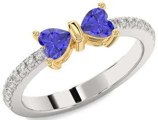 Diamond Emerald Platinum & Yellow Gold Bow Two Heart Birthstone Ring