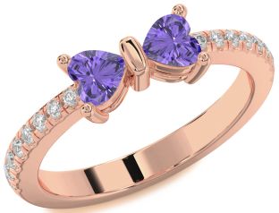 Diamond Emerald Rose Gold Bow Two Heart Birthstone Ring