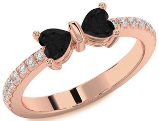 Diamond Emerald Rose Gold Bow Two Heart Birthstone Ring