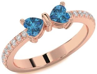 Diamond Emerald Rose Gold Bow Two Heart Birthstone Ring