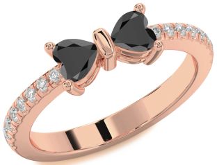 Diamond Emerald Rose Gold Bow Two Heart Birthstone Ring