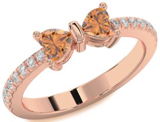 Diamond Emerald Rose Gold Bow Two Heart Birthstone Ring